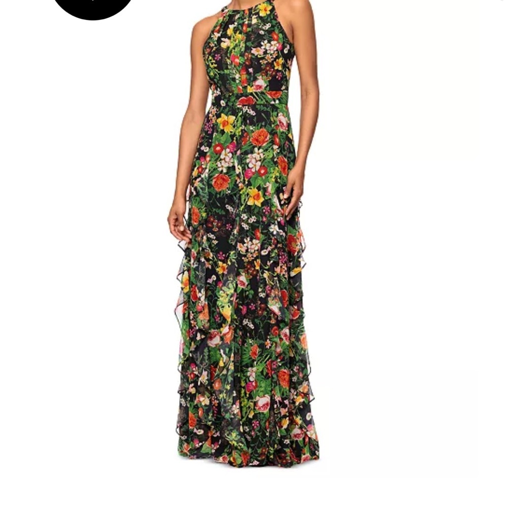 Betsy & Adam Red and Yellow halter sleevless Gown